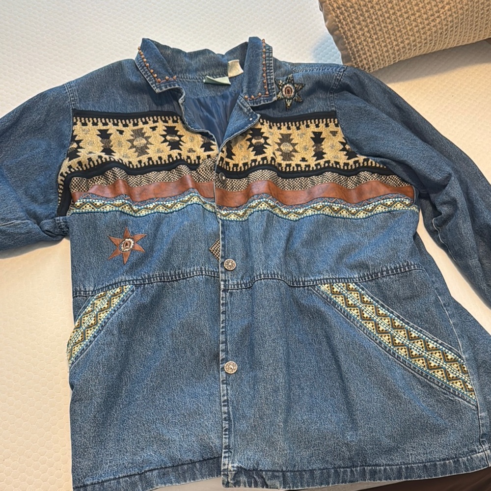 Vintage Denim Jacket with Southwestern Pattern